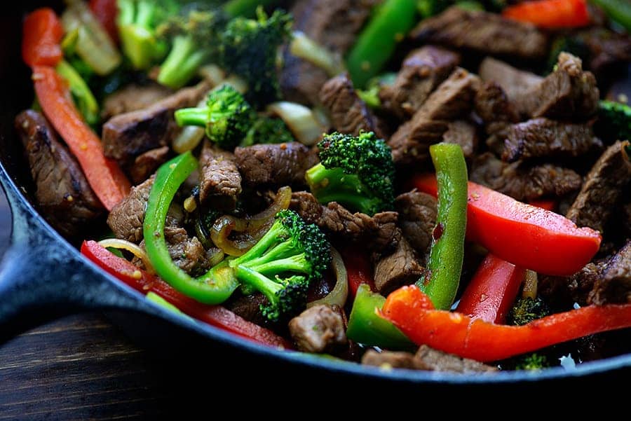 steak stir fry in cast iron skillet