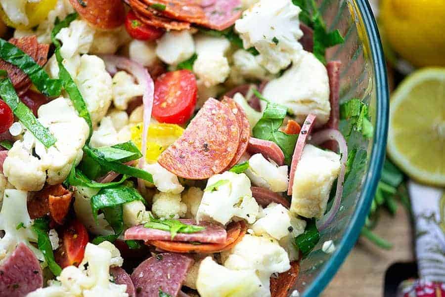 Italian cauliflower salad in glass bowl