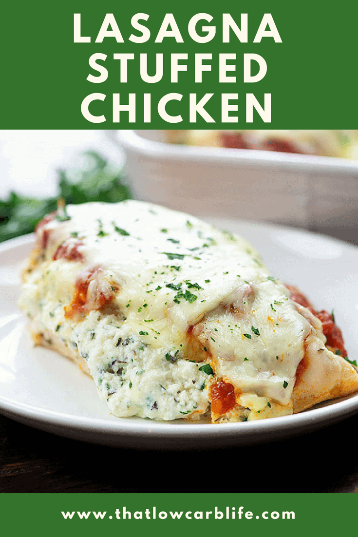 lasagna stuffed chicken on a white plate with a white pan in background