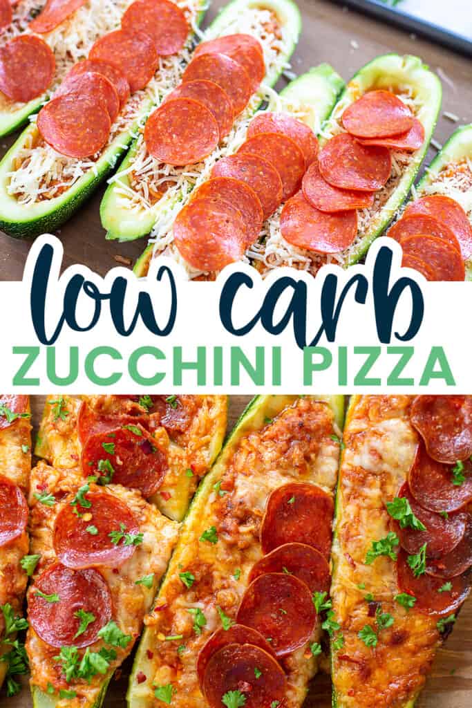 collage of pizza stuffed zucchini images.