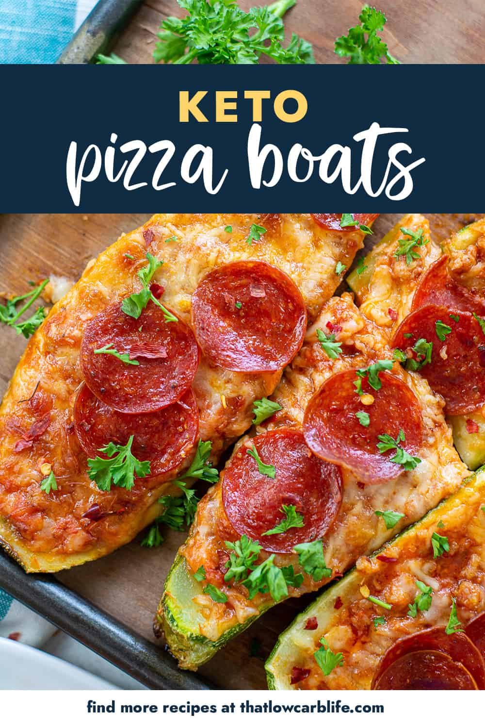keto pizza boats topped with pepperoni.