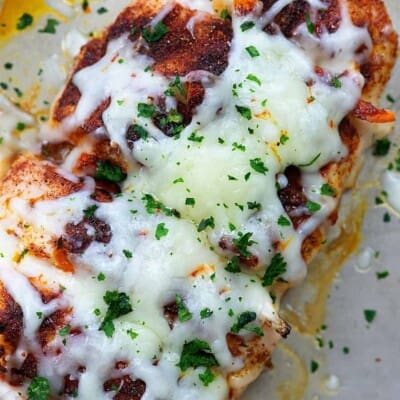 cooked chicken topped with Monterey jack and broccoli