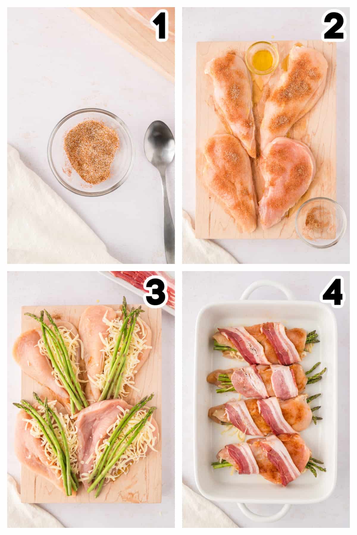 Collage showing how to make asparagus stuffed chicken.