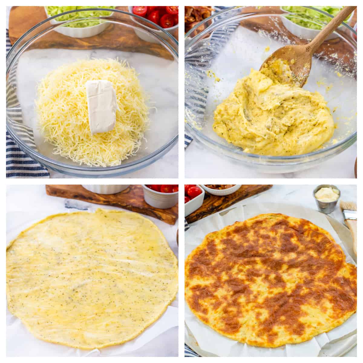 Collage showing how to make fathead pizza dough.