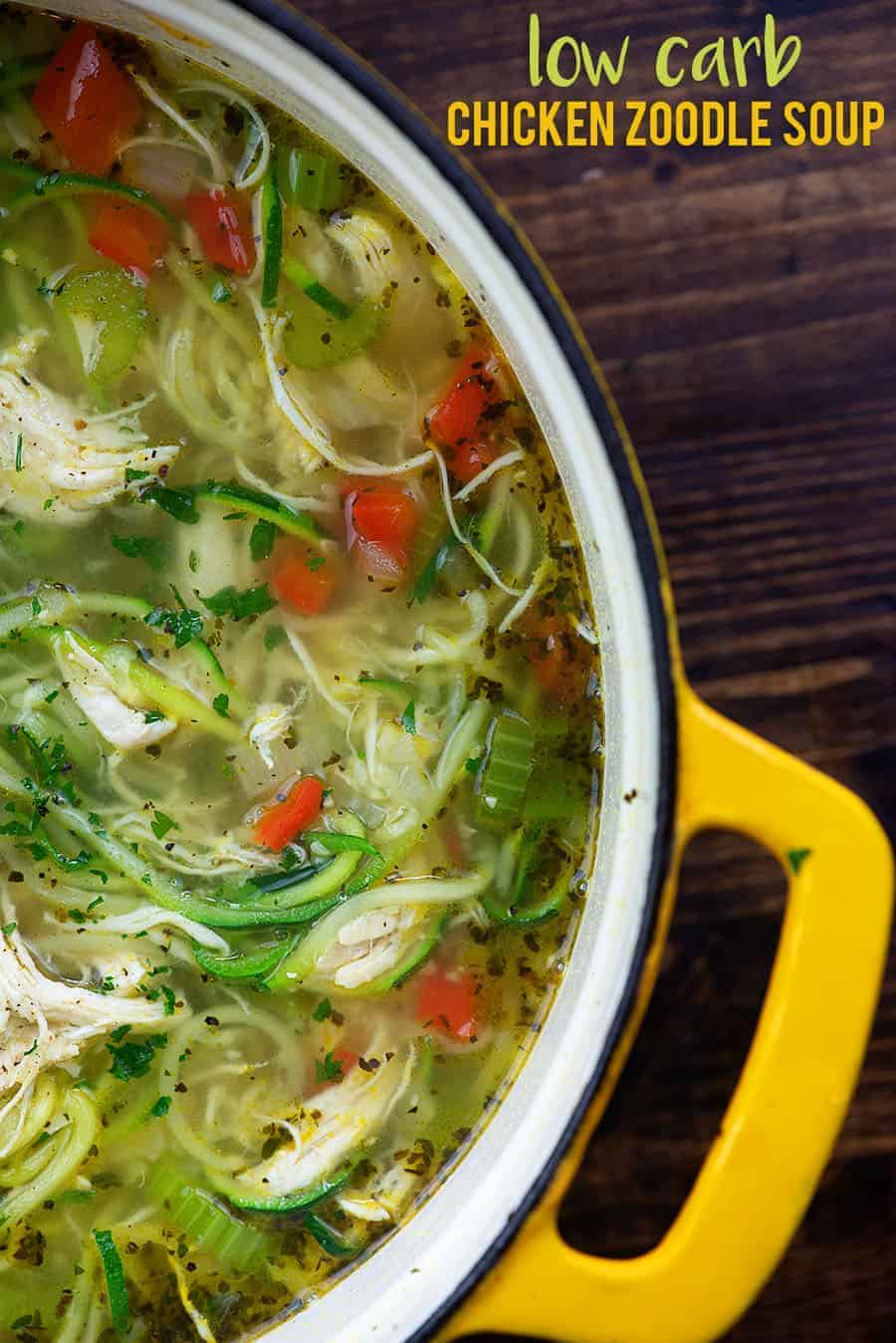 chicken zoodle soup cooking in a dutch oven
