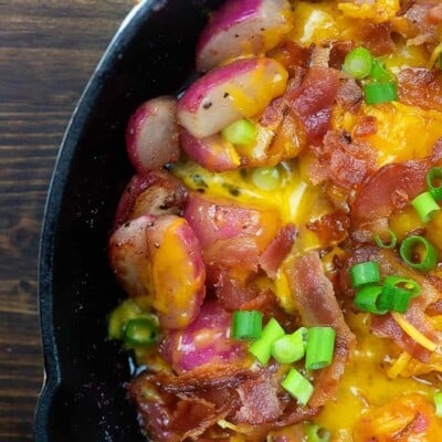 A bowl of food, with Bacon and Radish