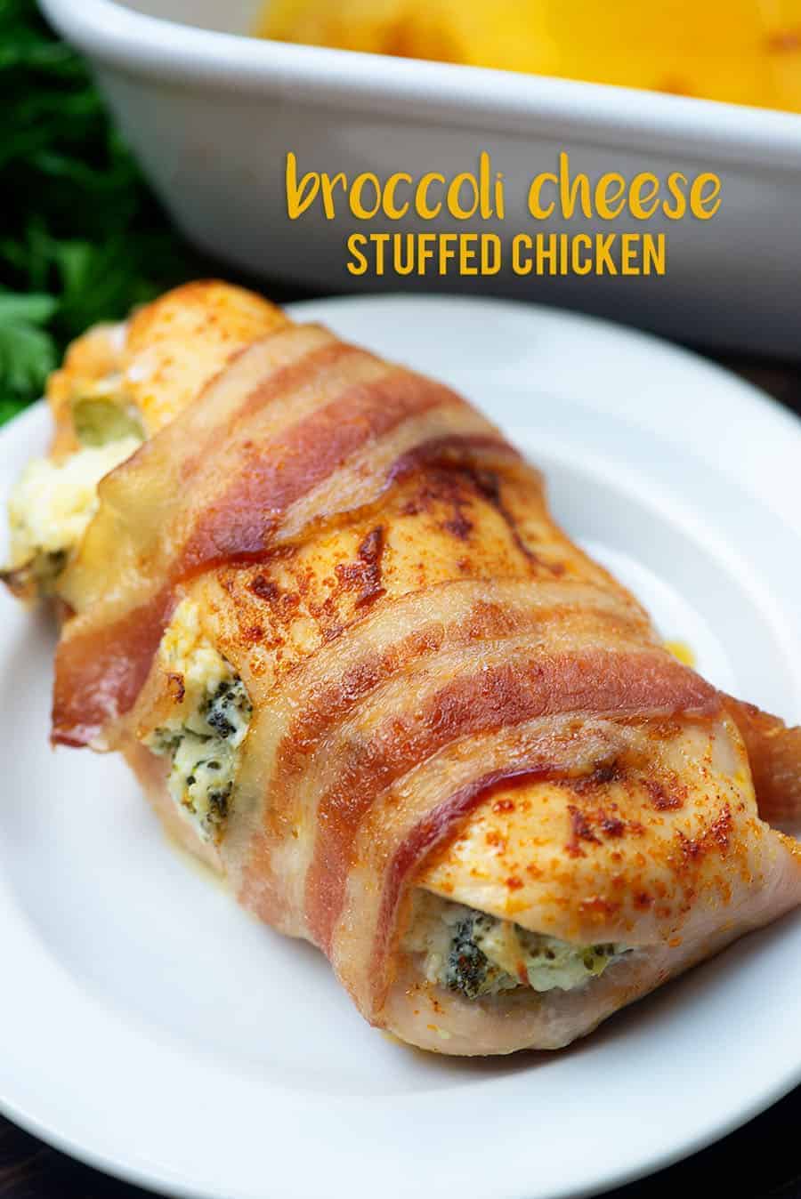 broccoli cheese stuffed chicken breasts on white plate