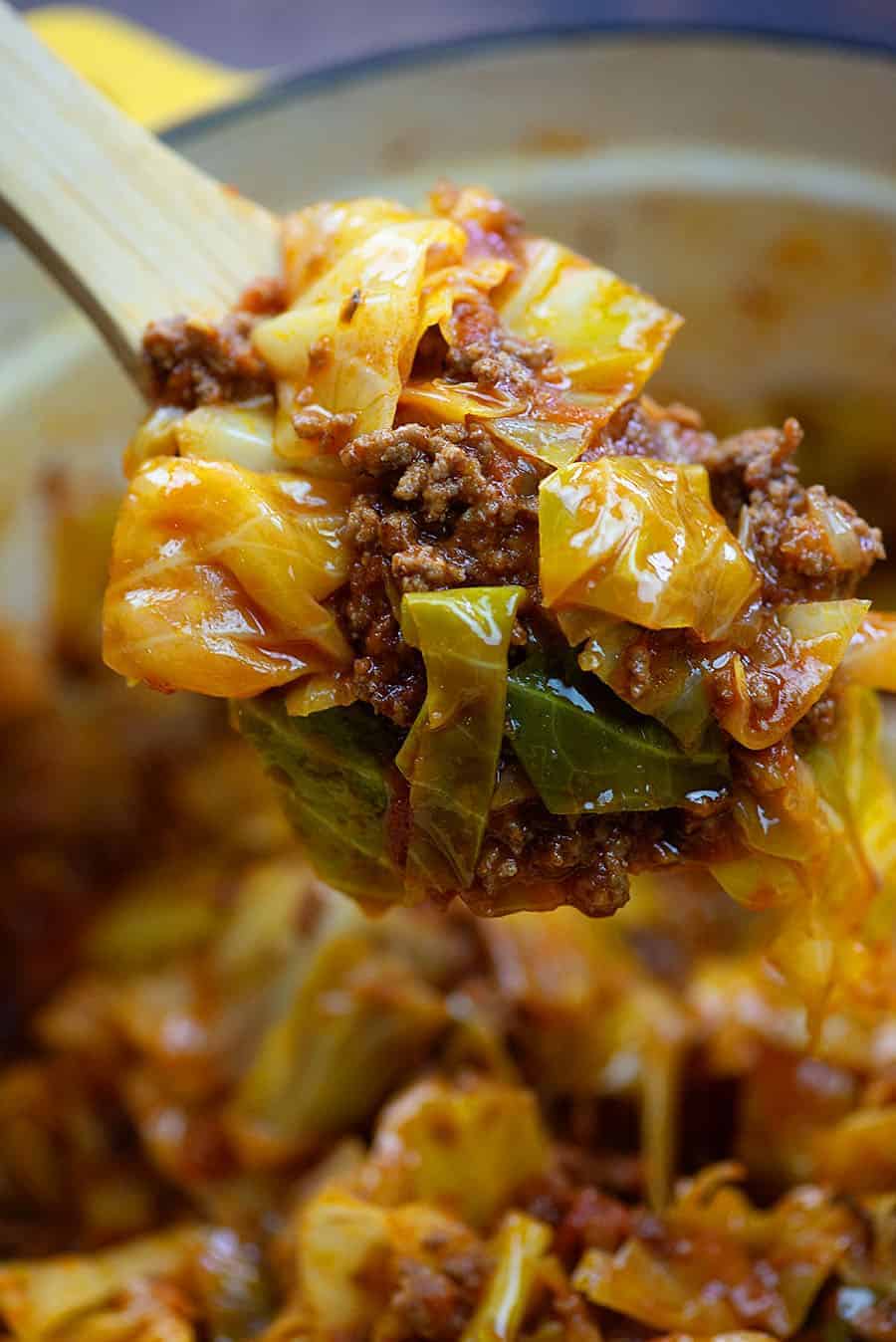 cabbage roll casserole in yellow dish