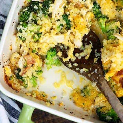 A plate of food with broccoli, with Casserole and Chicken