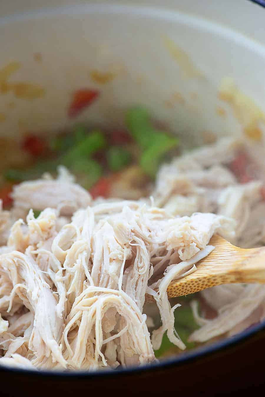 chicken zoodle soup in yellow pot