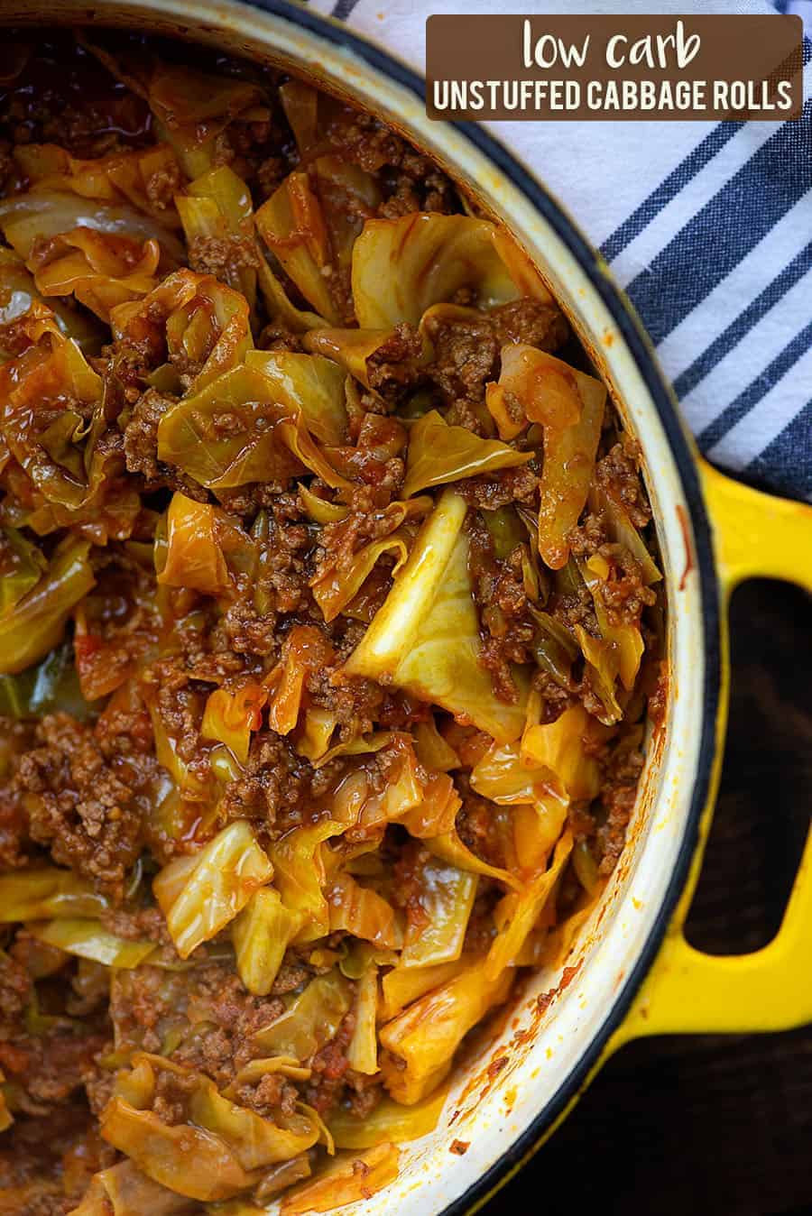 cooked unstuffed cabbage rolls in a large yellow pot