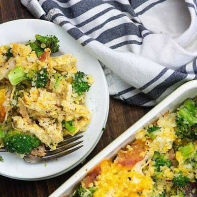 low carb chicken casserole with broccoli and bacon on white plate