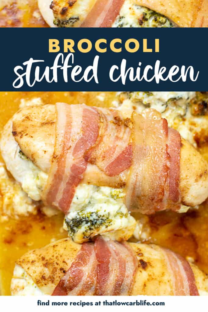 broccoli stuffed chicken in pan with text for Pinterest.
