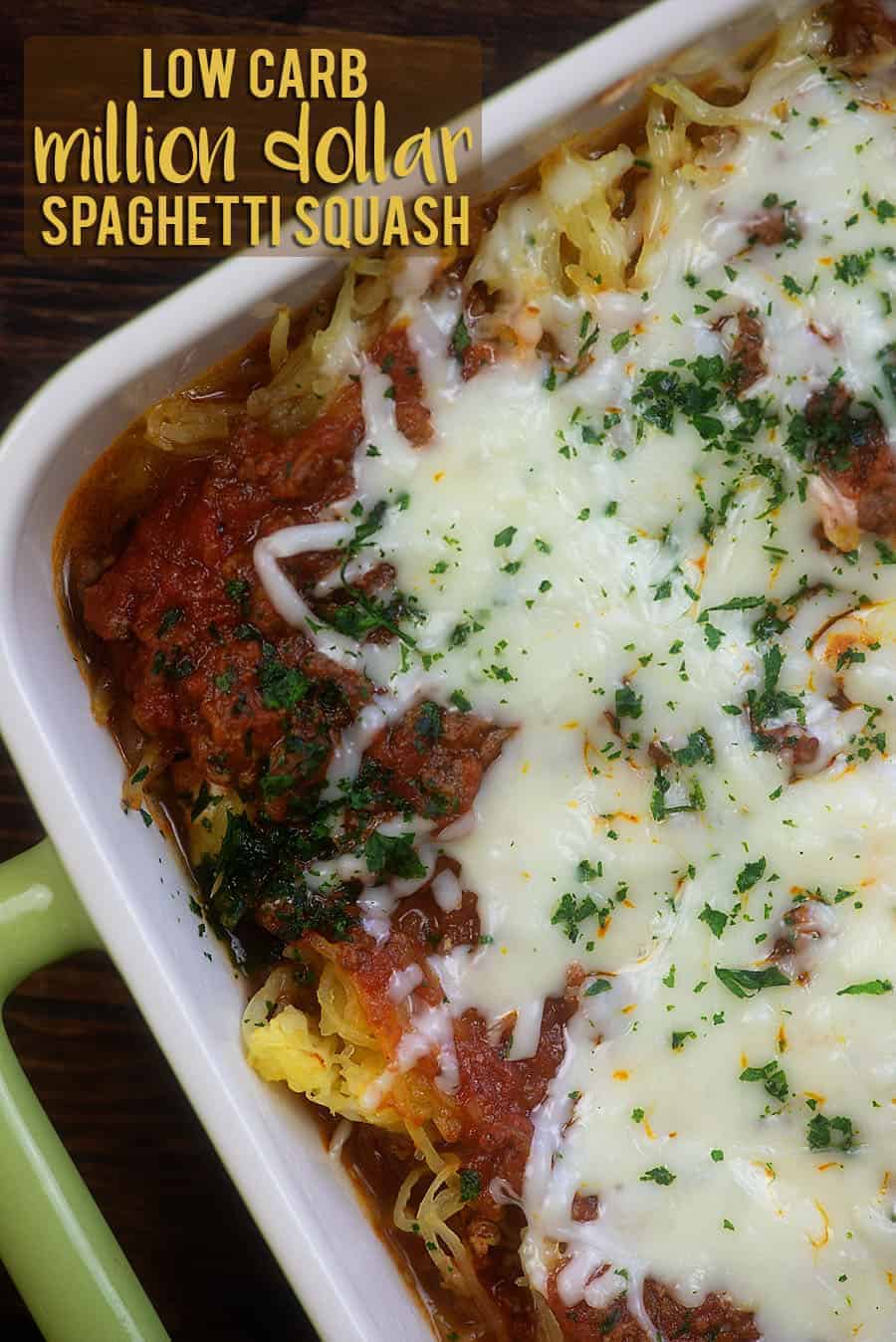 Overhead view of spaghetti squash in a baking dish