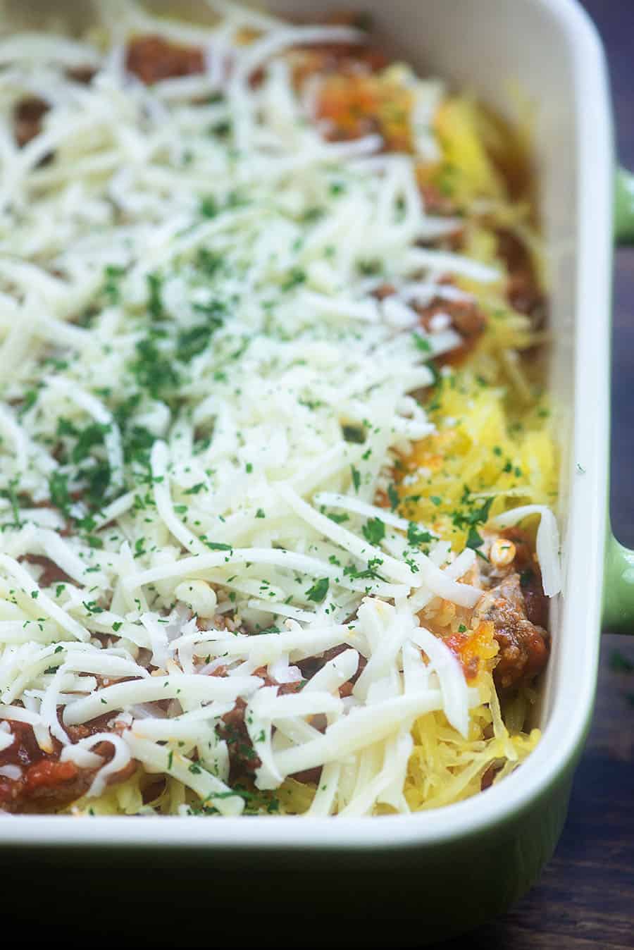 spaghetti squash casserole in baking dish