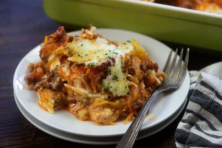 spaghetti squash casserole on white plate