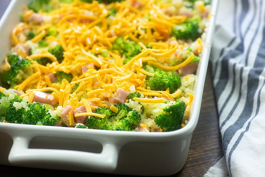 ham and cheese casserole in baking dish