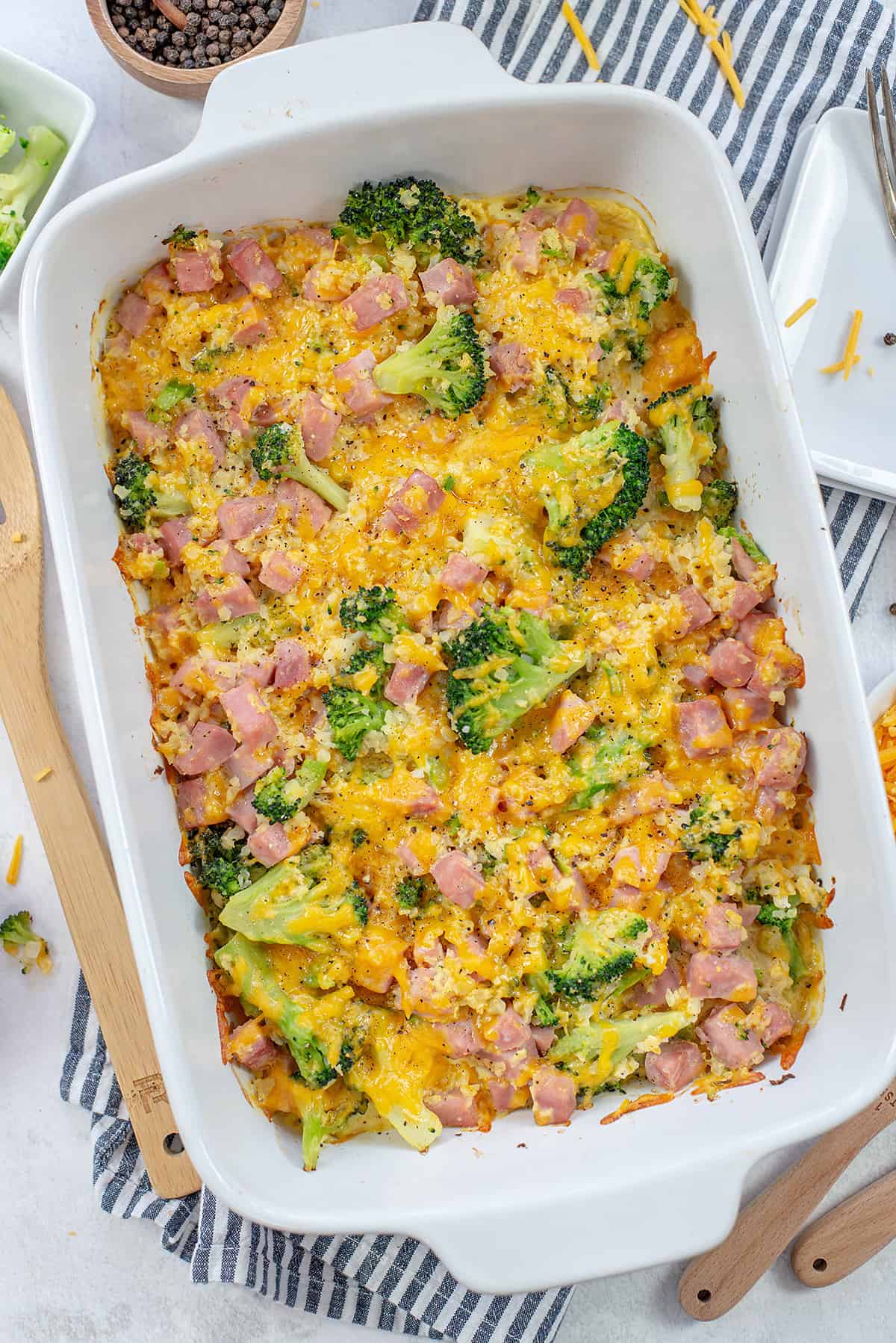 keto ham casserole in white baking dish.