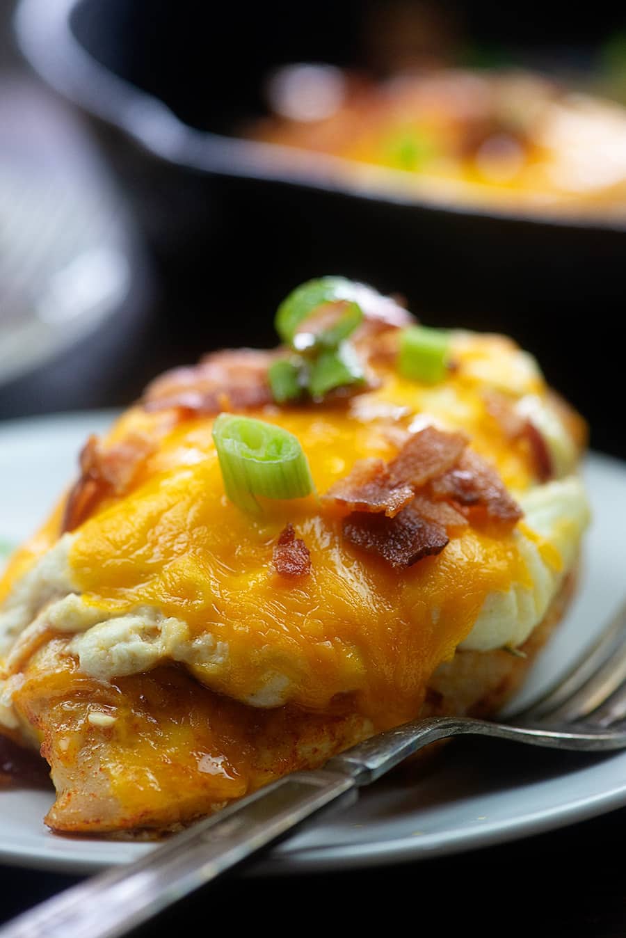 A chicken breast topped with cheddar, bacon, and green onions.