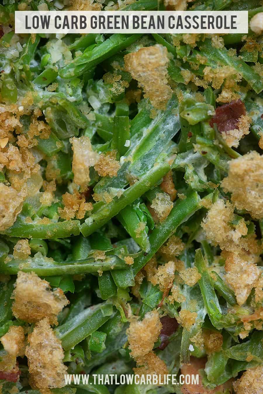 A close up of an overhead view of green bean casserole