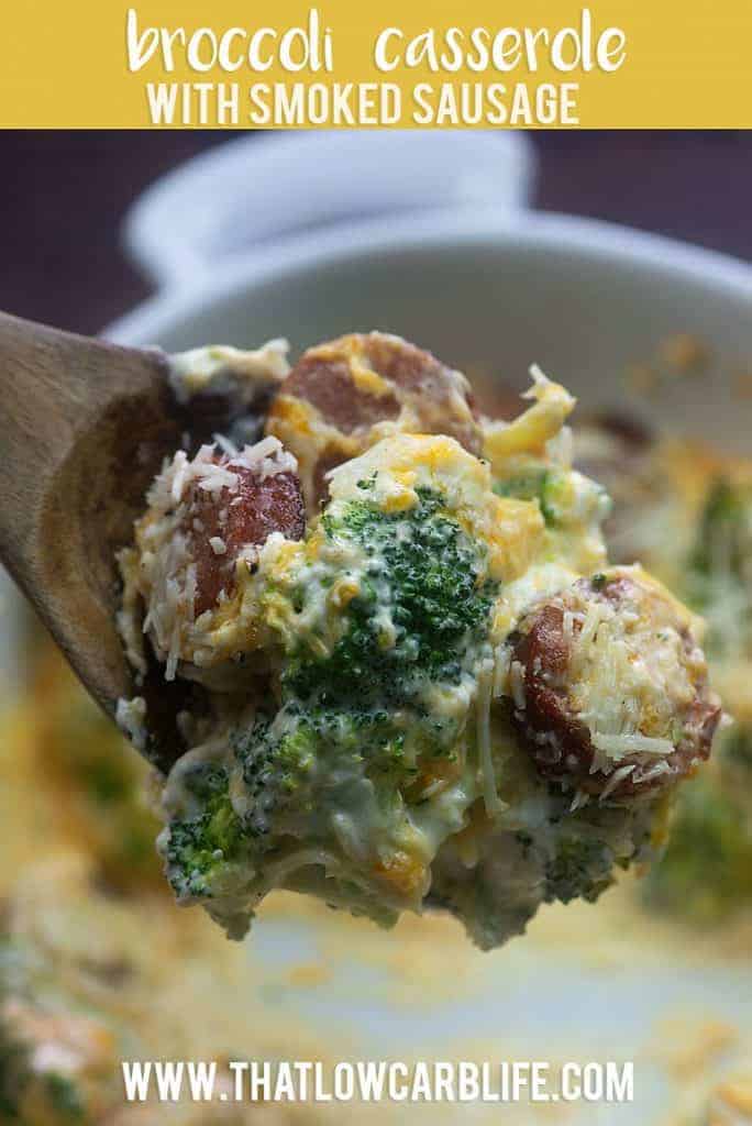 Broccoli Cheddar Casserole with smoked sausage! It's low carb and oh so cheesy! #lowcarb #lchf #keto #sidedish