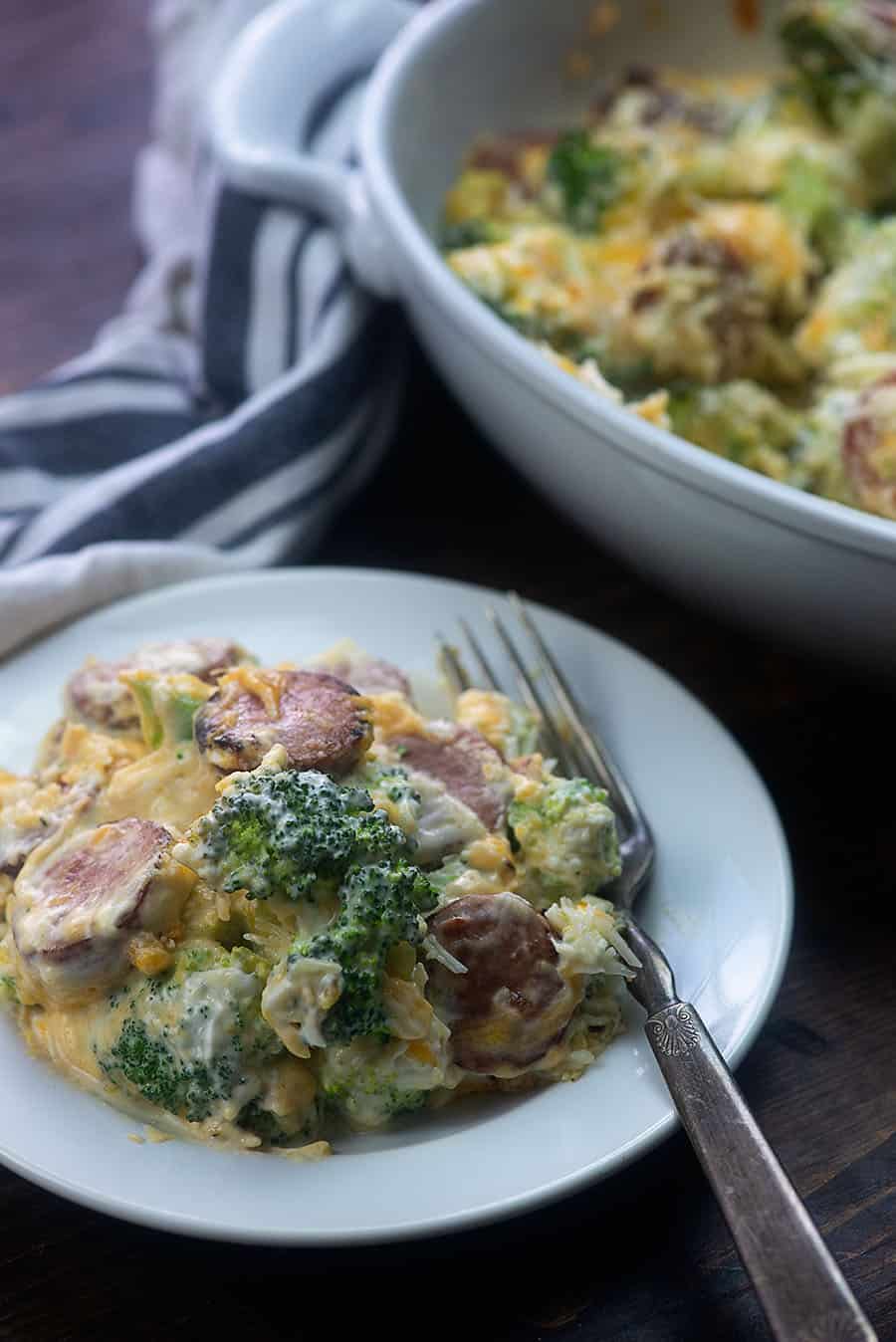 small round white plate with fork and broccoli casserole