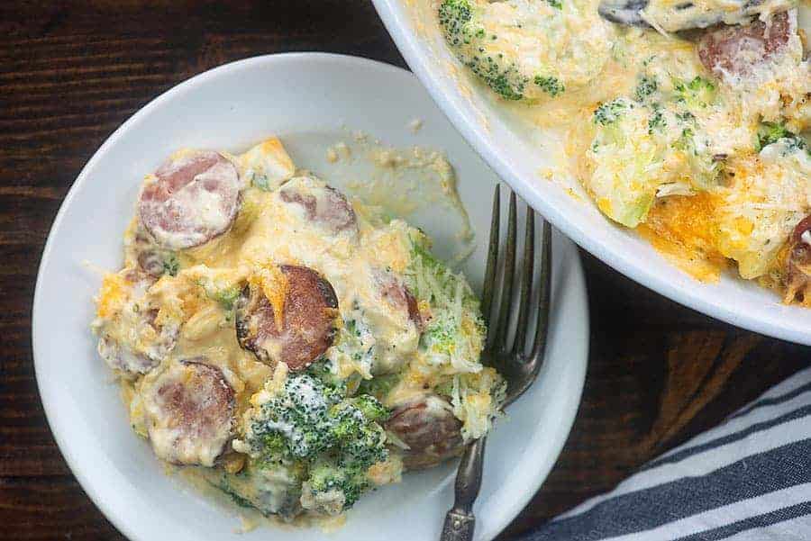 smoked sausage casserole in baking dish