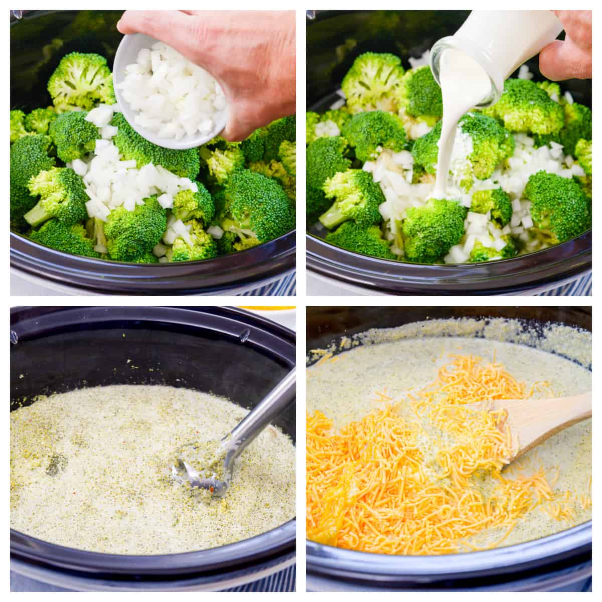 Collage showing how to make broccoli cheese soup in the crockpot.