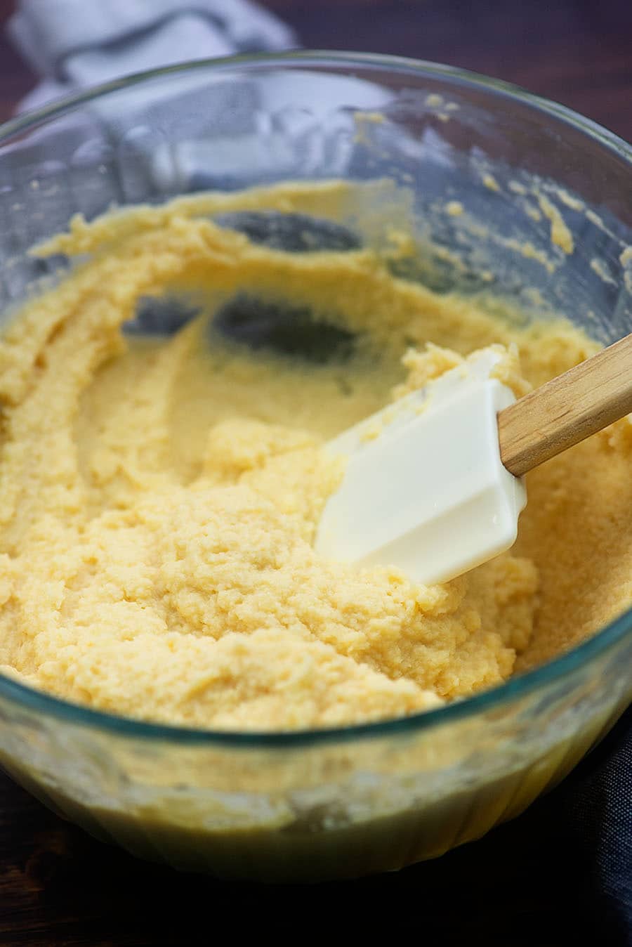 low carb corn bread batter in a glass bowl