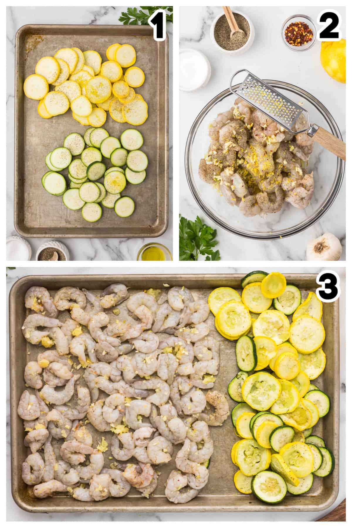 Collage showing how to make shrimp scampi.