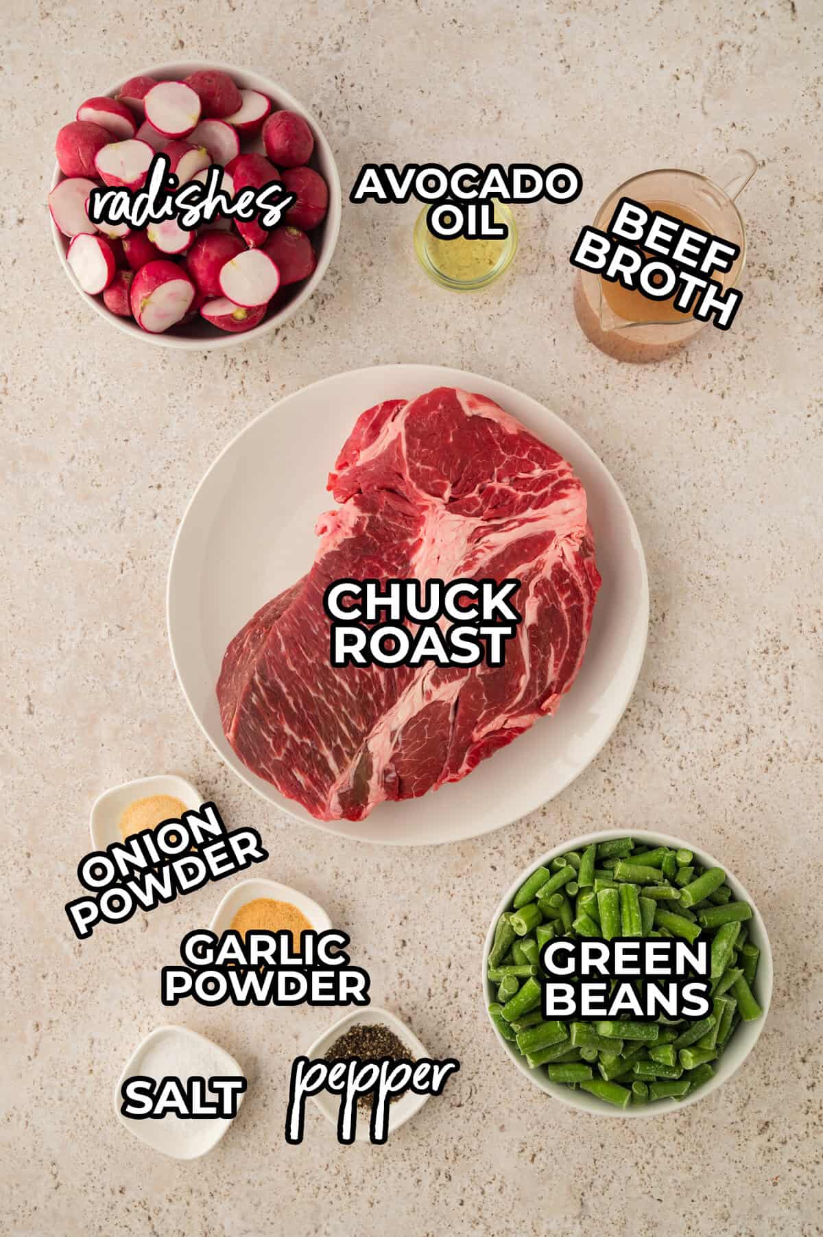 Ingredients in low carb pot roast recipe.