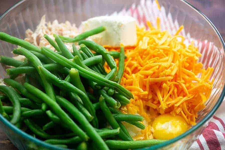 ingredients for leftover turkey casserole in glass bowl