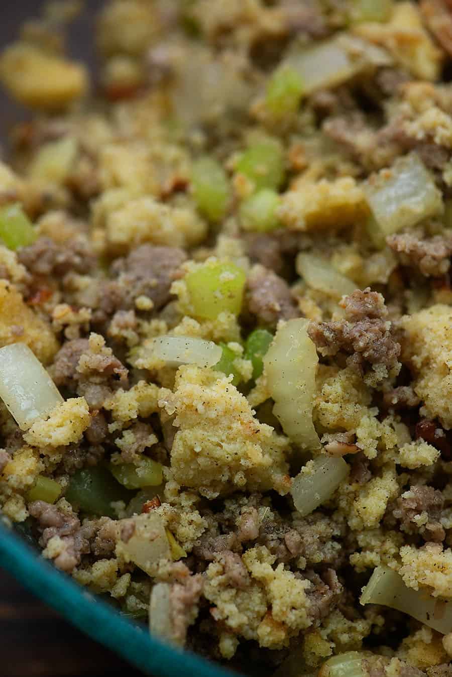 close up view of cooked low carb stuffing