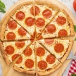 Overhead view of pepperoni pizza
