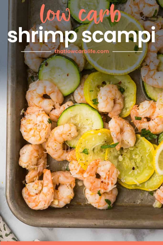 Low carb shrimp scampi on baking sheet with text for Pinterest.