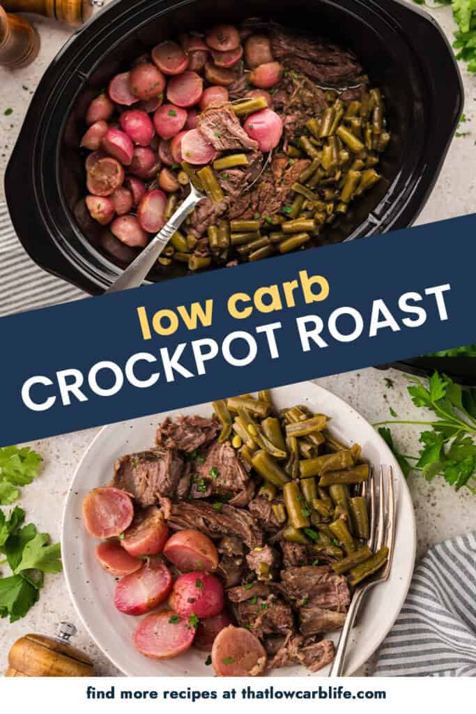 Collage of keto pot roast images with radishes.