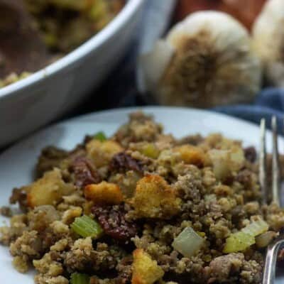 A dish is filled with food, with Stuffing