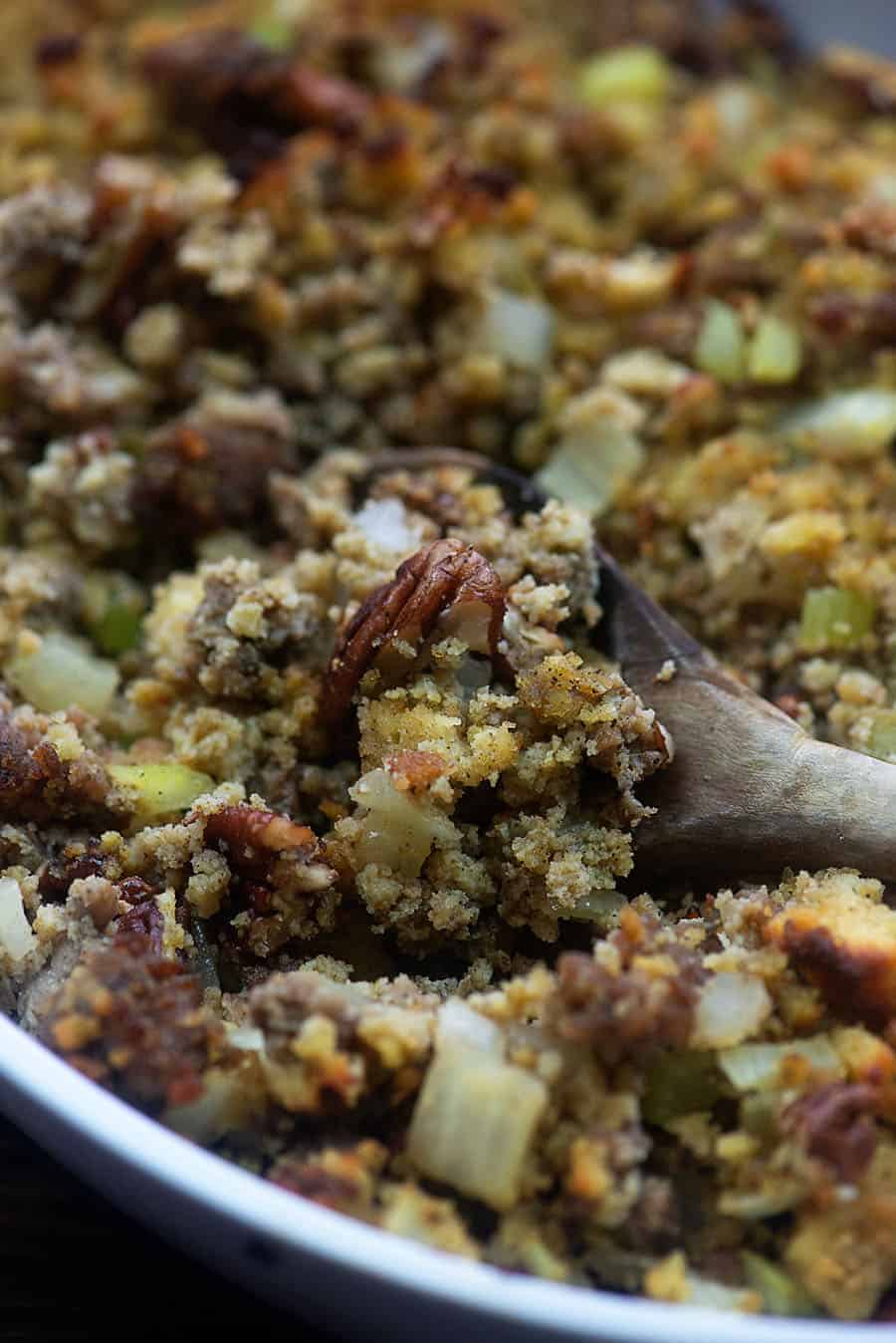 low carb stuffing getting scooped from pan