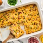 Slices of breakfast casserole in white dish.