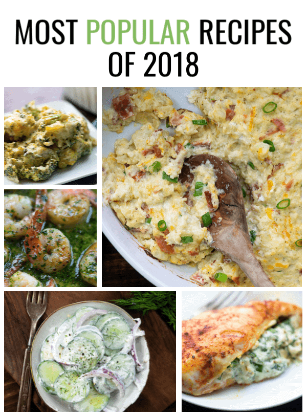 collage of 5 low carb dishes: loaded caluiflower, garlic butter shrimp, german cucumber salad, stuffed chicken, and casserole