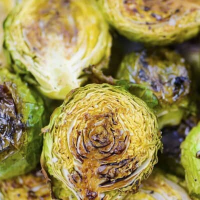 Balsamic roasted Brussels sprouts piled together.