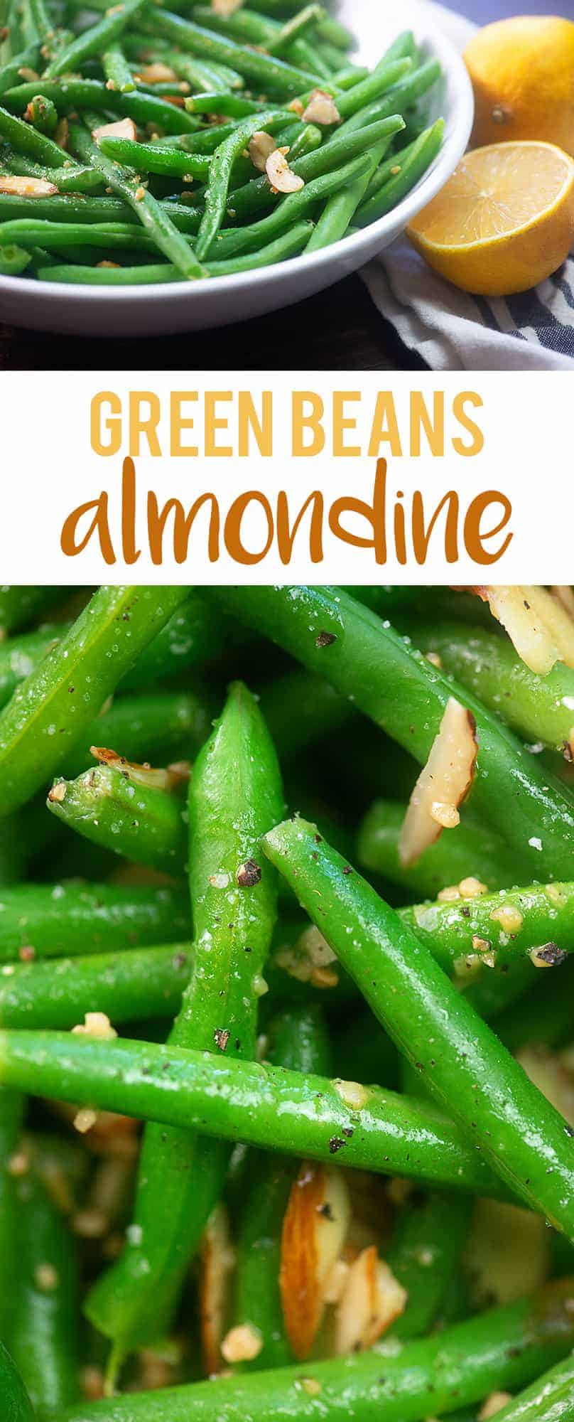 Green beans almondine in a bowl with a sliced lemon next to the bowl