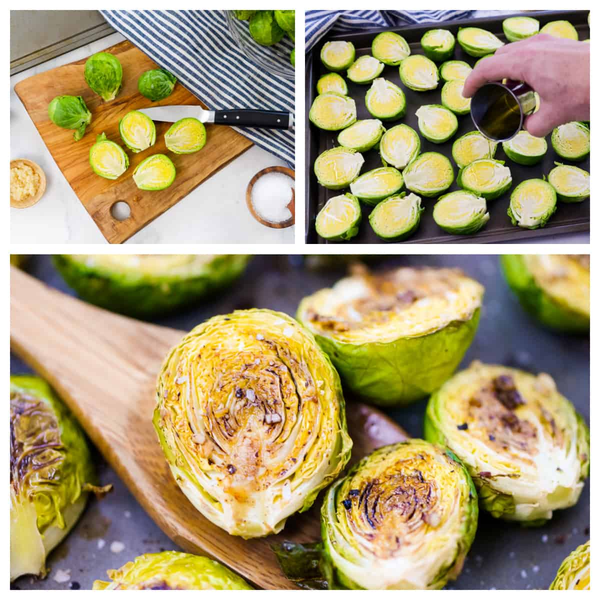 Collage showing how to make roasted brussels sprouts.