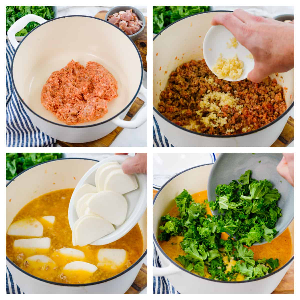 Collage showing how to make keto zuppa toscana recipe.