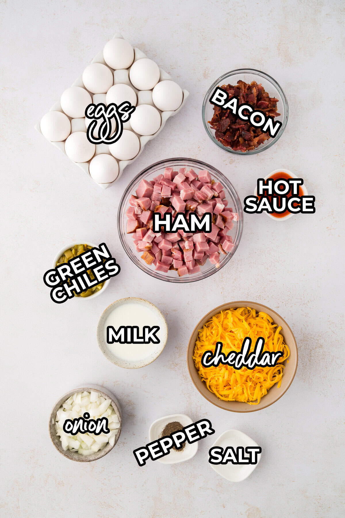 Ingredients for ham and egg breakfast casserole recipe.