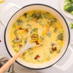 Keto broccoli cauliflower soup in soup pot.
