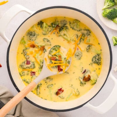 Keto broccoli cauliflower soup in soup pot.