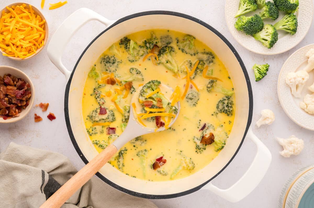 Keto broccoli cauliflower soup in soup pot.