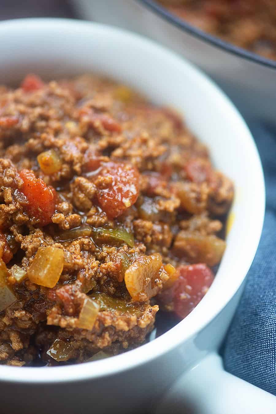 keto chili in a white bowl