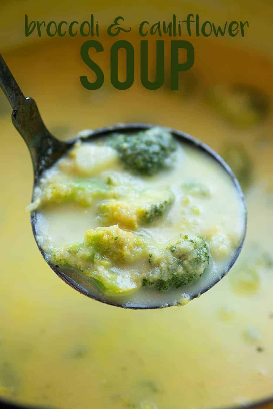 Laddle of broccoli cauliflower soup